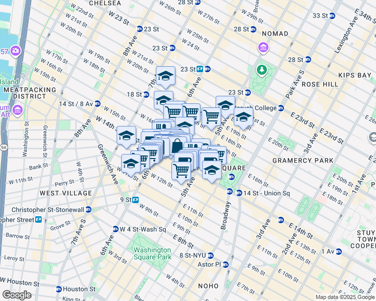 map of restaurants, bars, coffee shops, grocery stores, and more near 31 West 14th Street in New York