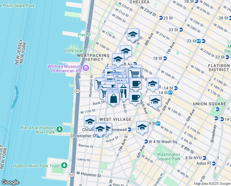map of restaurants, bars, coffee shops, grocery stores, and more near 55 Bank Street in New York