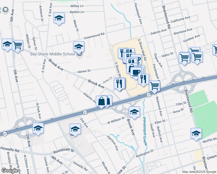 map of restaurants, bars, coffee shops, grocery stores, and more near 317 Brook Avenue in Bay Shore