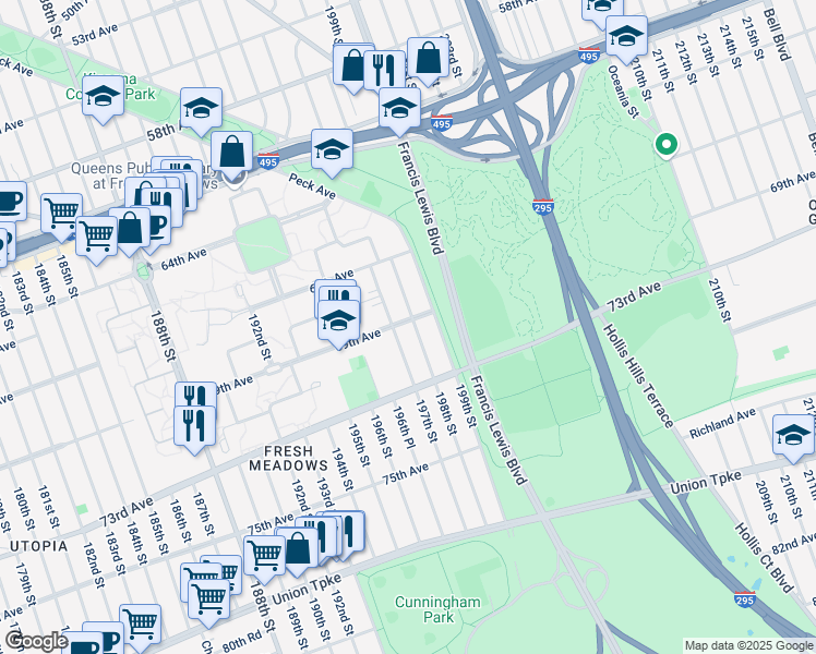 map of restaurants, bars, coffee shops, grocery stores, and more near 69-10 197th Street in Queens