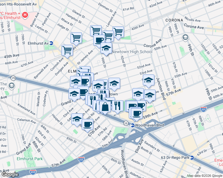 map of restaurants, bars, coffee shops, grocery stores, and more near 54th Avenue & 90th Street in Queens