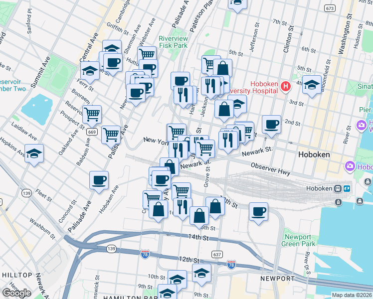 map of restaurants, bars, coffee shops, grocery stores, and more near 51 Harrison Street in Hoboken
