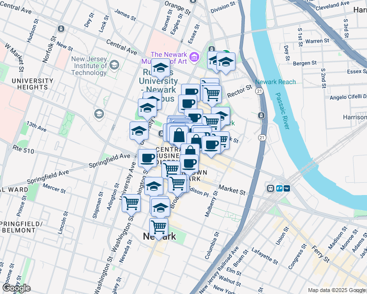 map of restaurants, bars, coffee shops, grocery stores, and more near 17 Academy Street in Newark