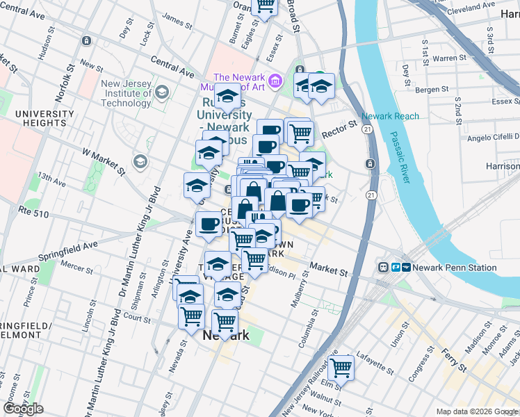map of restaurants, bars, coffee shops, grocery stores, and more near 150 Halsey Street in Newark