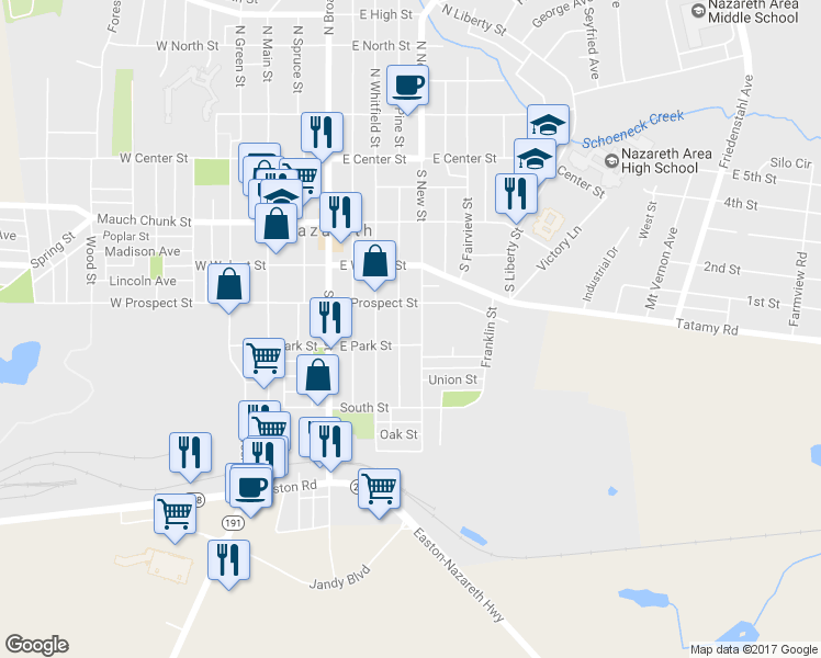 map of restaurants, bars, coffee shops, grocery stores, and more near 226 South New Street in Nazareth