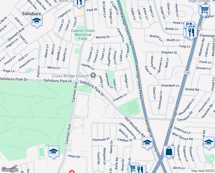 map of restaurants, bars, coffee shops, grocery stores, and more near 36 Hark Lane in Westbury