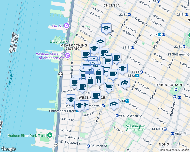 map of restaurants, bars, coffee shops, grocery stores, and more near in New York