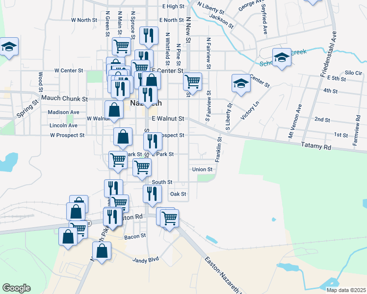 map of restaurants, bars, coffee shops, grocery stores, and more near 226 South New Street in Nazareth