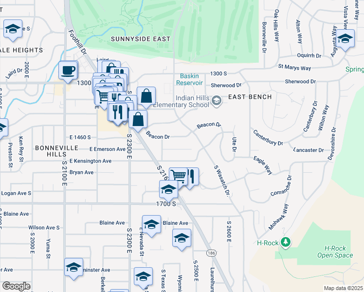 map of restaurants, bars, coffee shops, grocery stores, and more near 2455 East Emerson Avenue in Salt Lake City