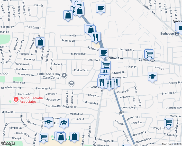 map of restaurants, bars, coffee shops, grocery stores, and more near 3690 Farm Ranch Road East in Bethpage
