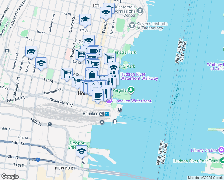 map of restaurants, bars, coffee shops, grocery stores, and more near 112 Sinatra Drive in Hoboken