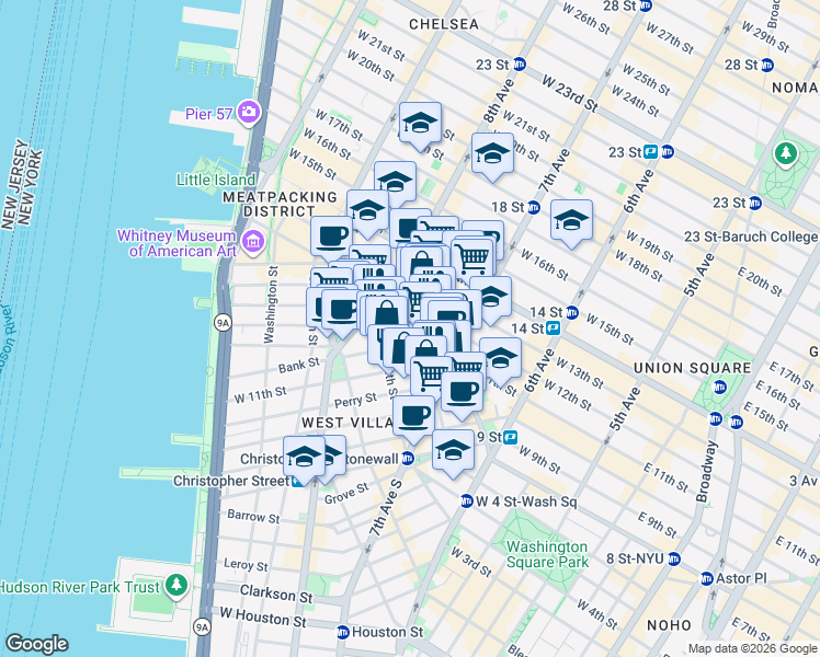 map of restaurants, bars, coffee shops, grocery stores, and more near 252 West 12th Street in New York