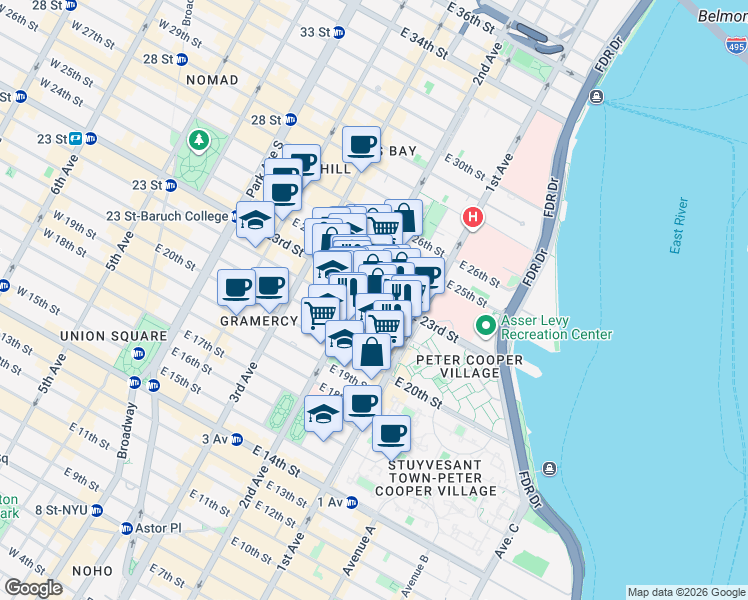 map of restaurants, bars, coffee shops, grocery stores, and more near 310 East 23rd Street in New York
