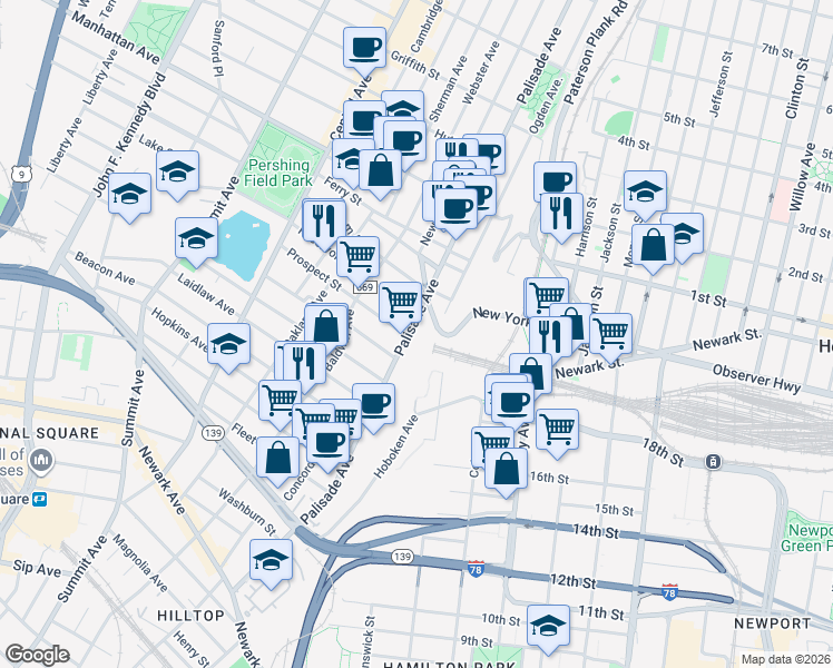 map of restaurants, bars, coffee shops, grocery stores, and more near 41 New York Avenue in Jersey City