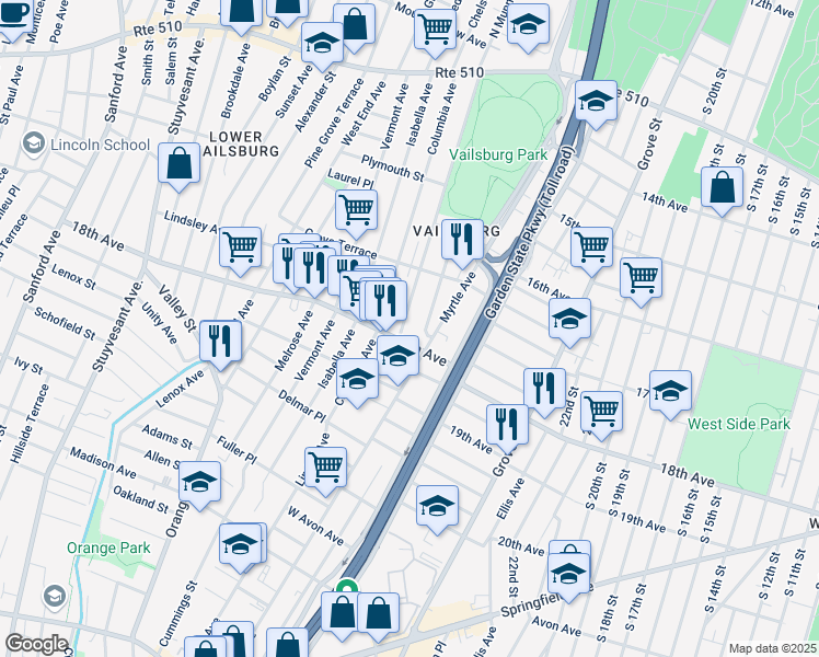 map of restaurants, bars, coffee shops, grocery stores, and more near 337 Myrtle Avenue in Irvington