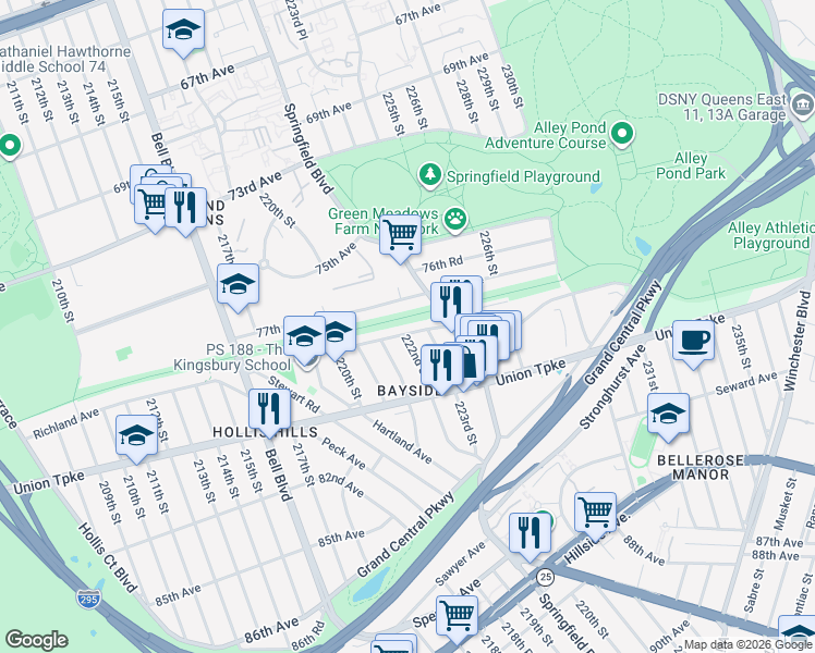 map of restaurants, bars, coffee shops, grocery stores, and more near 78-08 223rd Street in Queens