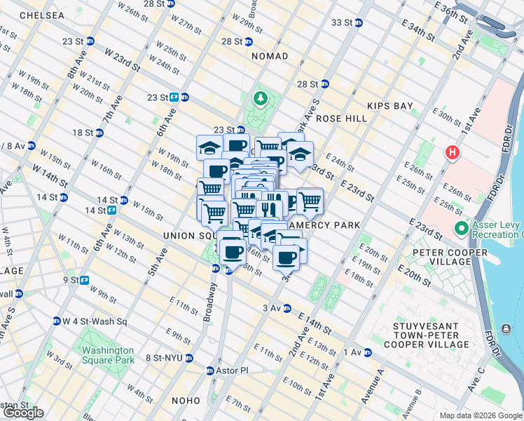 map of restaurants, bars, coffee shops, grocery stores, and more near 117 East 18th Street in New York