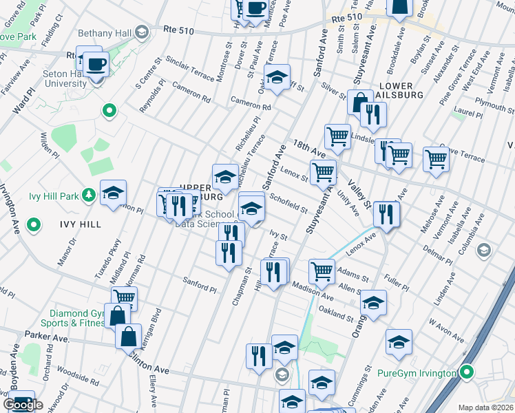 map of restaurants, bars, coffee shops, grocery stores, and more near 719 Sanford Avenue in Newark