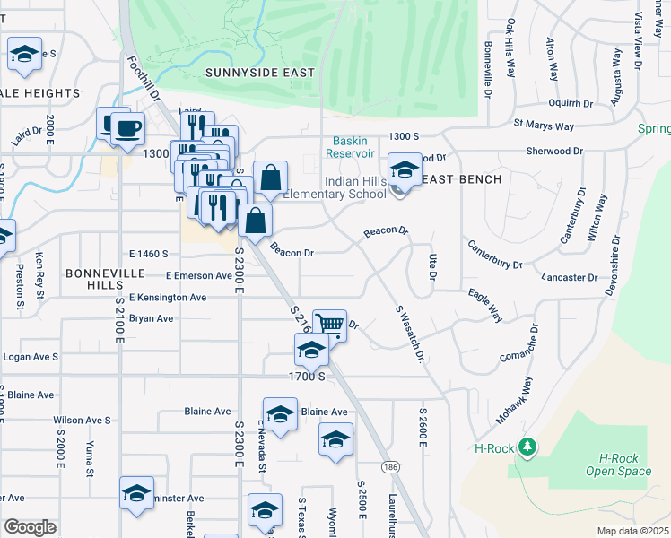 map of restaurants, bars, coffee shops, grocery stores, and more near 2455 East Emerson Avenue in Salt Lake City