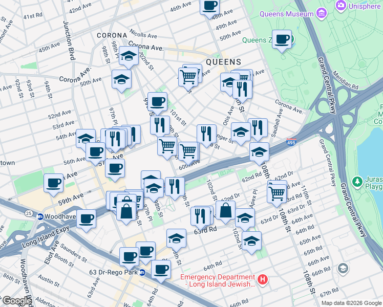 map of restaurants, bars, coffee shops, grocery stores, and more near 45 60th Avenue in Queens