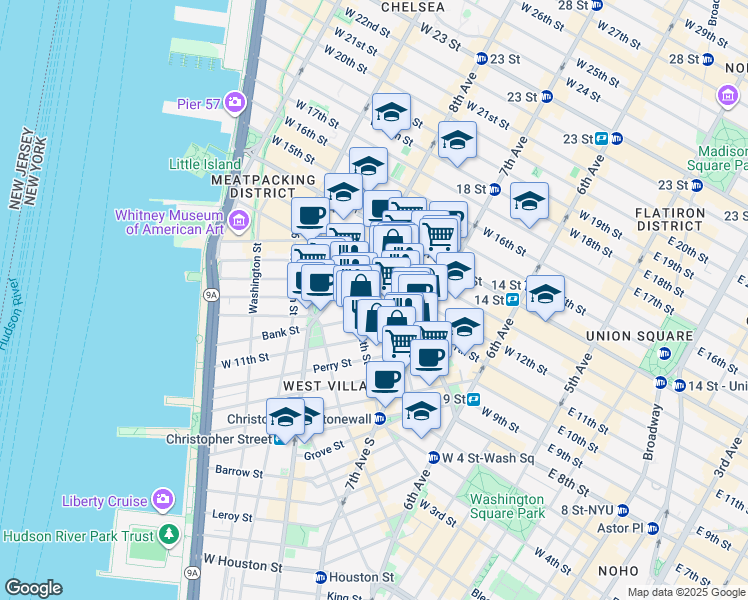 map of restaurants, bars, coffee shops, grocery stores, and more near 260 West 12th Street in New York