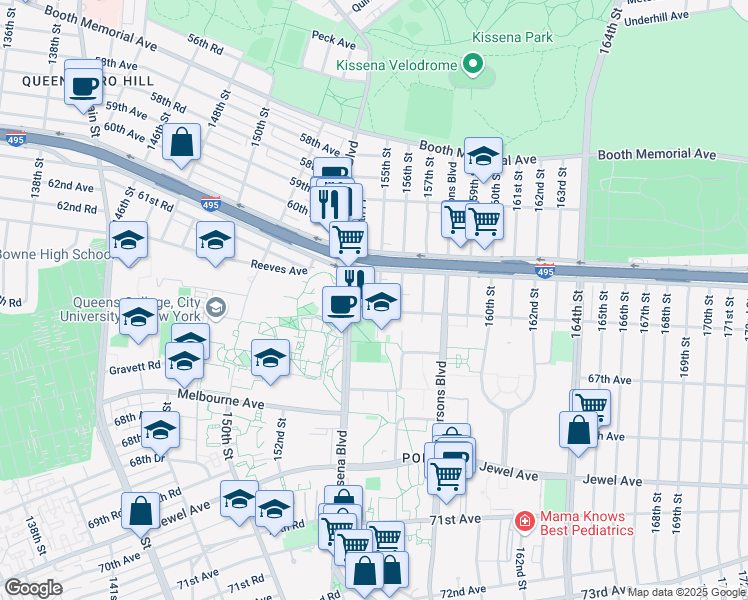 map of restaurants, bars, coffee shops, grocery stores, and more near 154-28 65th Avenue in Queens