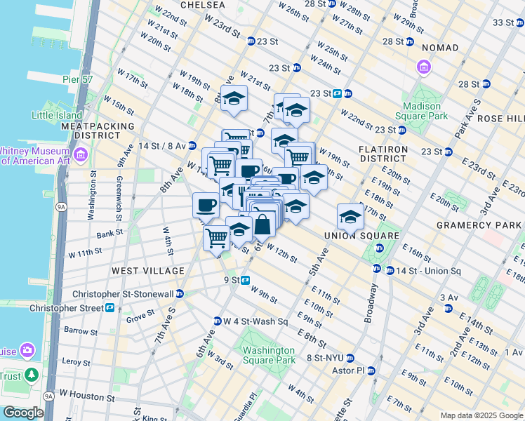 map of restaurants, bars, coffee shops, grocery stores, and more near in New York