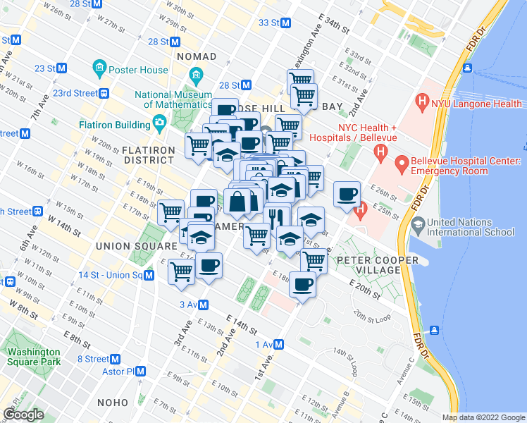 map of restaurants, bars, coffee shops, grocery stores, and more near 224 East 21st Street in New York