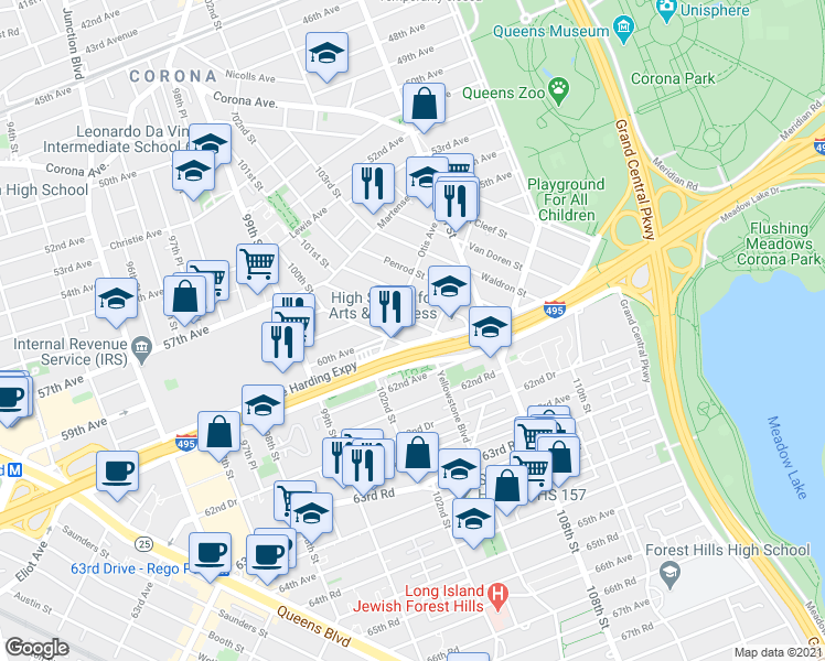 map of restaurants, bars, coffee shops, grocery stores, and more near 59-20 Xenia Street in Queens