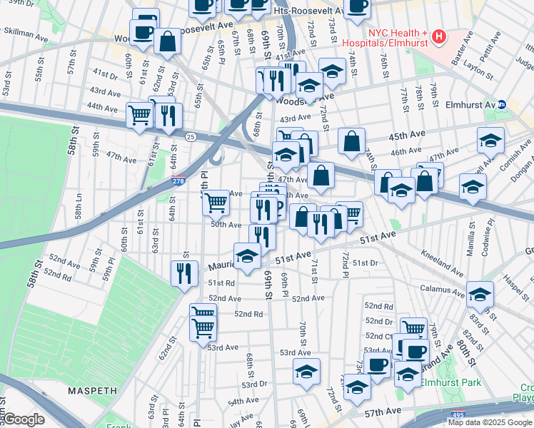 map of restaurants, bars, coffee shops, grocery stores, and more near in Queens