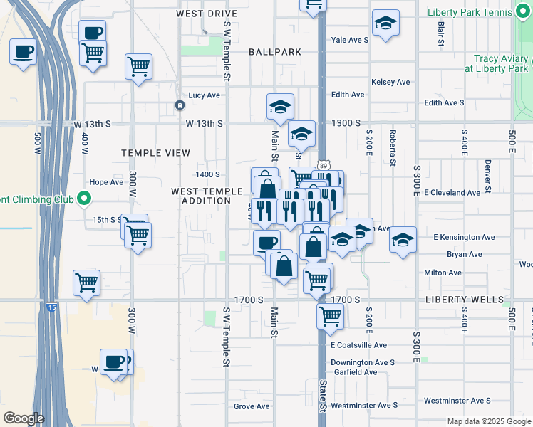 map of restaurants, bars, coffee shops, grocery stores, and more near 1499 South Main Street in Salt Lake City