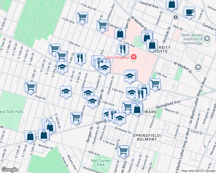 map of restaurants, bars, coffee shops, grocery stores, and more near 225 Hunterdon Street in Newark