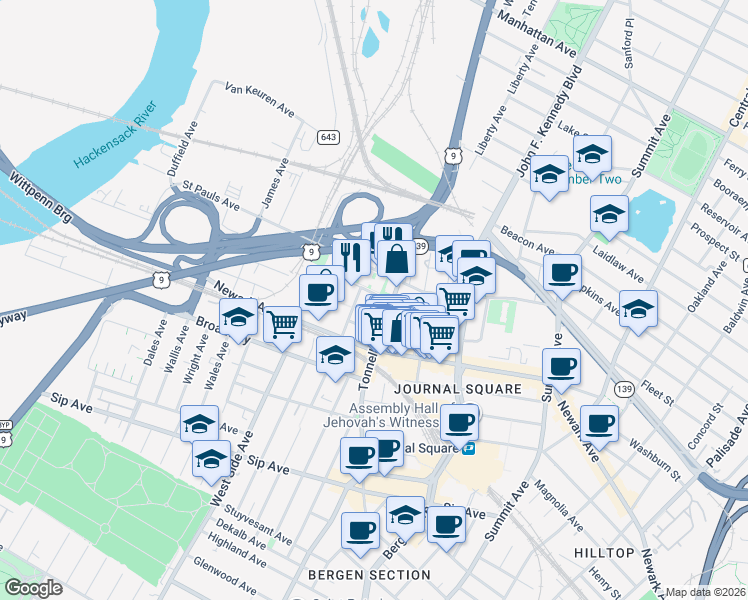 map of restaurants, bars, coffee shops, grocery stores, and more near in Jersey City