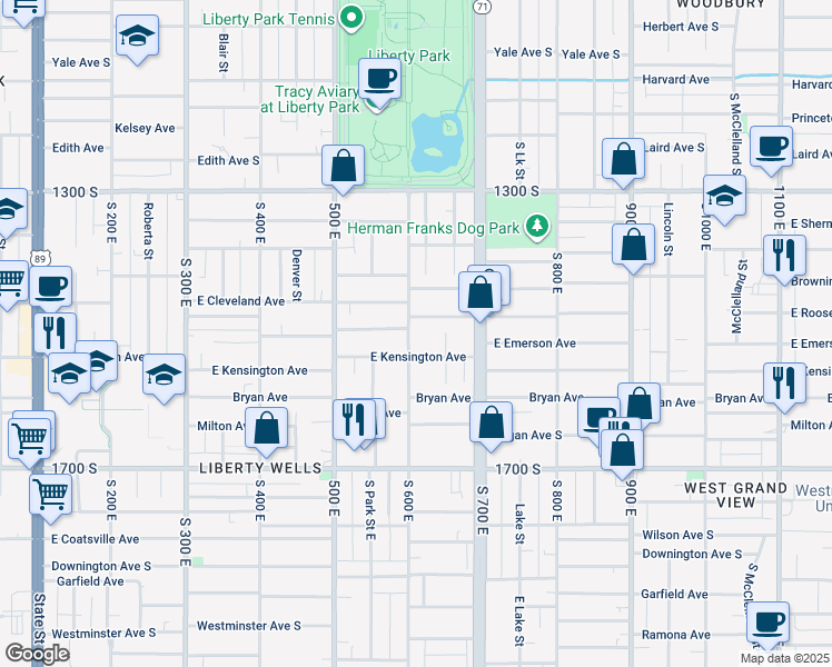 map of restaurants, bars, coffee shops, grocery stores, and more near 1479 South 600 East in Salt Lake City