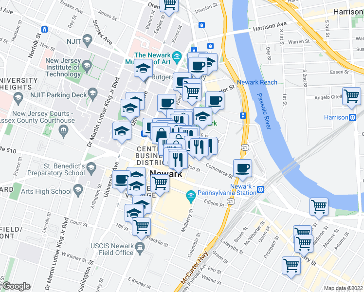 map of restaurants, bars, coffee shops, grocery stores, and more near Raymond Blvd & Broad St in Newark
