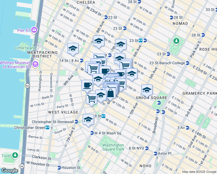 map of restaurants, bars, coffee shops, grocery stores, and more near 116 West 14th Street in New York