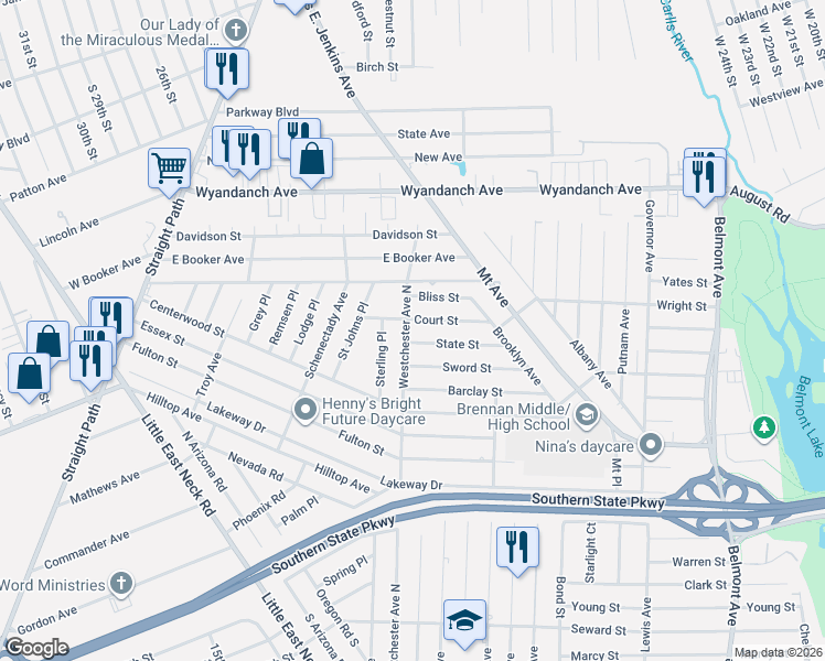 map of restaurants, bars, coffee shops, grocery stores, and more near 20 State Street in West Babylon
