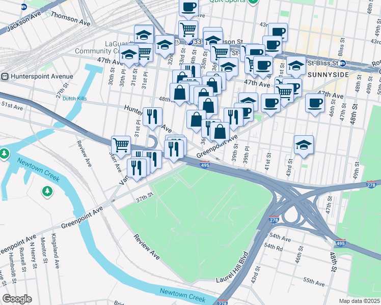 map of restaurants, bars, coffee shops, grocery stores, and more near 18 Borden Avenue in Queens