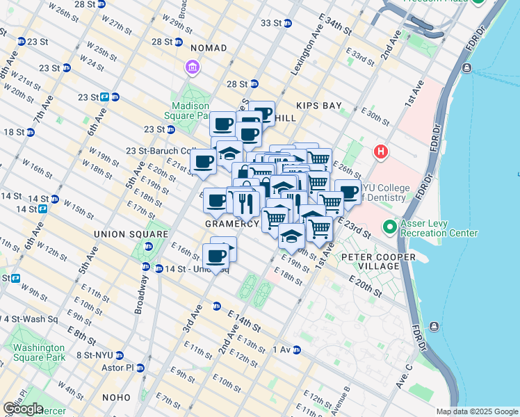 map of restaurants, bars, coffee shops, grocery stores, and more near 224 East 21st Street in New York