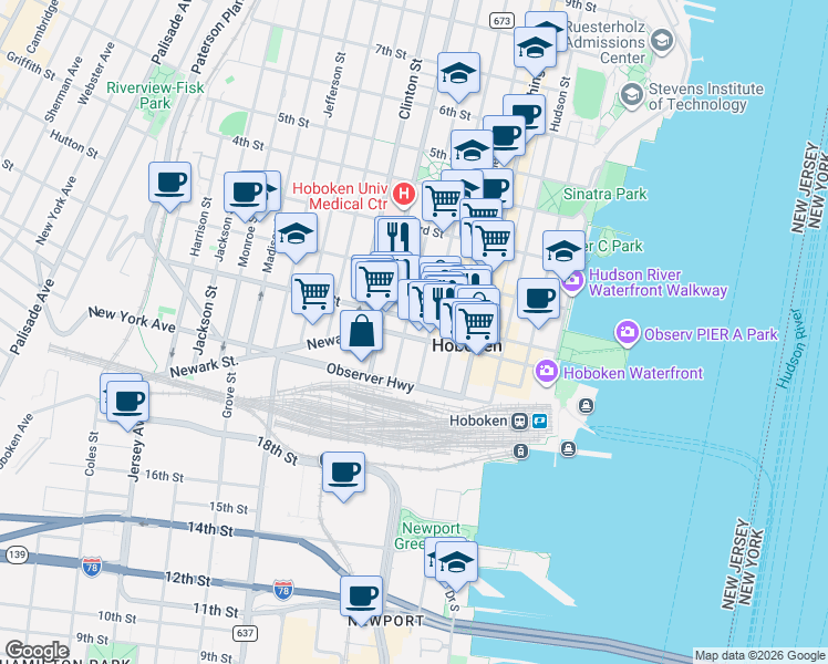 map of restaurants, bars, coffee shops, grocery stores, and more near 72 Park Avenue in Hoboken