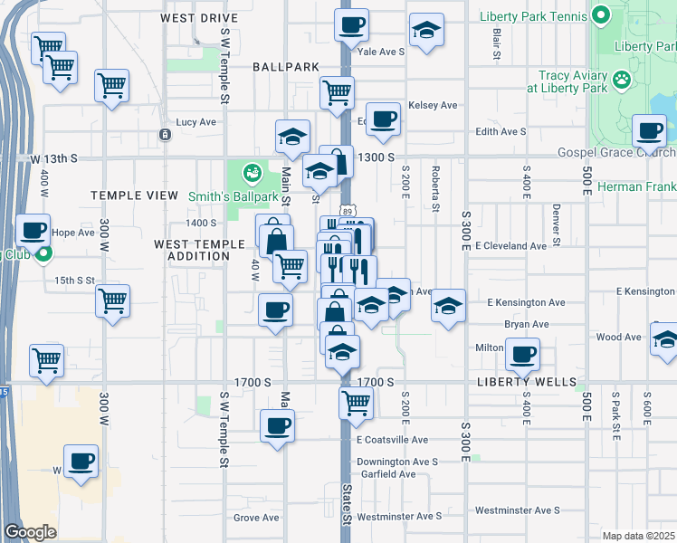 map of restaurants, bars, coffee shops, grocery stores, and more near 1465 State Street in Salt Lake City