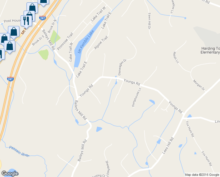 map of restaurants, bars, coffee shops, grocery stores, and more near 65 Youngs Road in Morris County