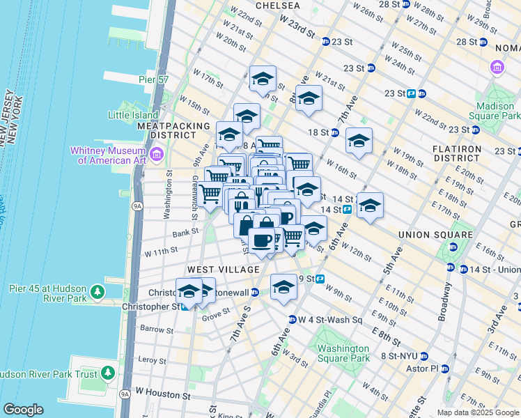 map of restaurants, bars, coffee shops, grocery stores, and more near 244 West 12th Street in New York