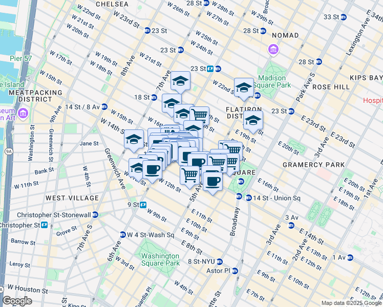 map of restaurants, bars, coffee shops, grocery stores, and more near 35 West 15th Street in New York