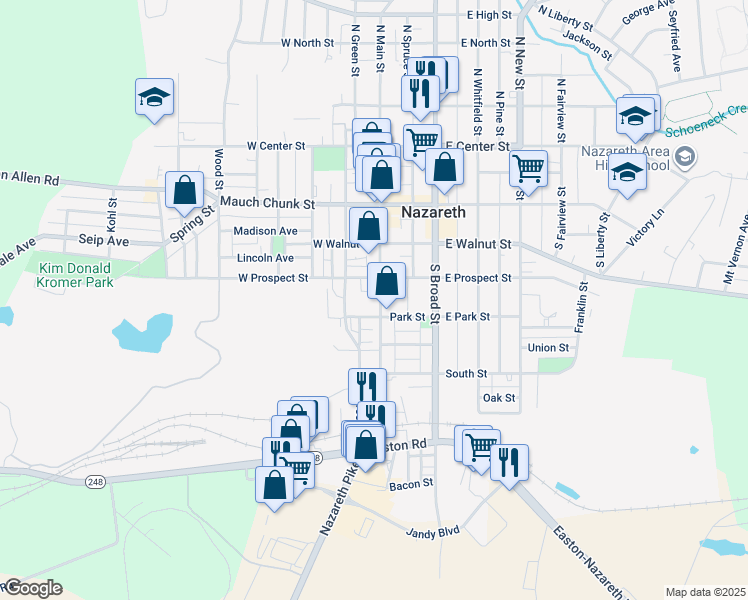 map of restaurants, bars, coffee shops, grocery stores, and more near 300 South Main Street in Nazareth