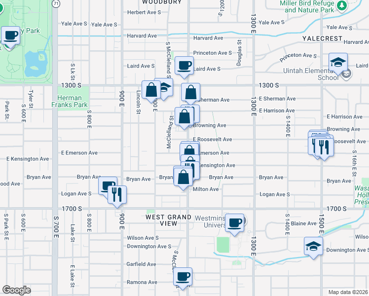 map of restaurants, bars, coffee shops, grocery stores, and more near 1499 1100 East in Salt Lake City