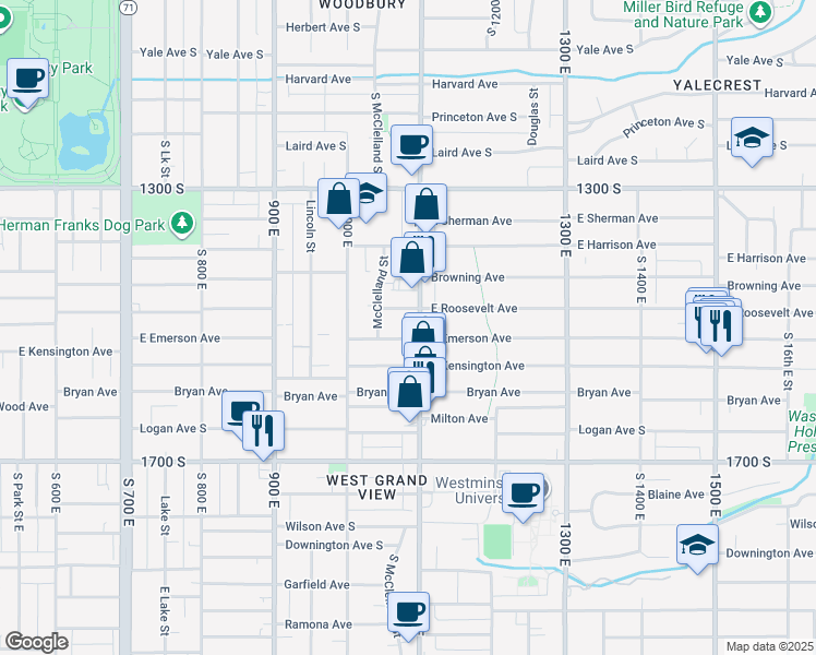 map of restaurants, bars, coffee shops, grocery stores, and more near 1499 1100 East in Salt Lake City