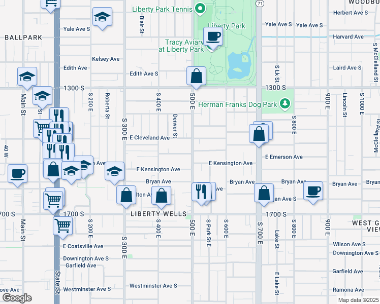 map of restaurants, bars, coffee shops, grocery stores, and more near 470 East Emerson Avenue in Salt Lake City