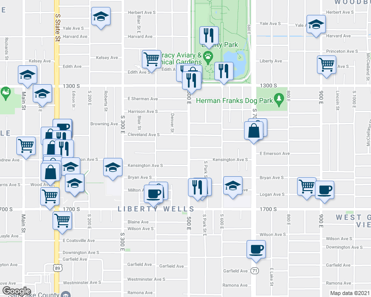 map of restaurants, bars, coffee shops, grocery stores, and more near 470 East Emerson Avenue in Salt Lake City