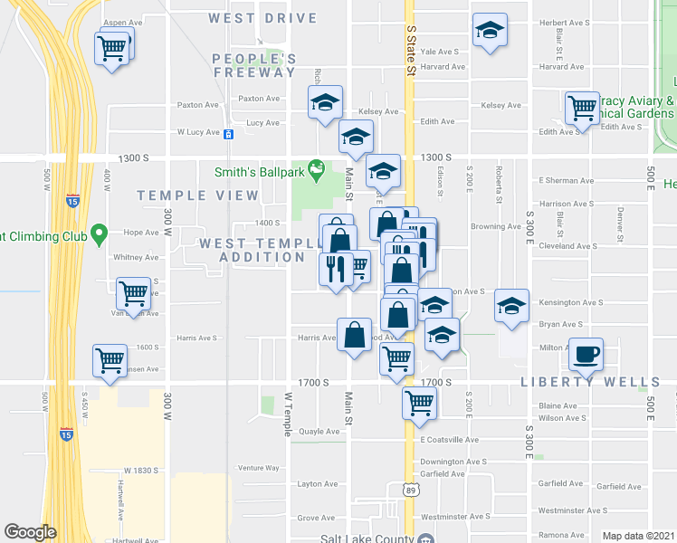 map of restaurants, bars, coffee shops, grocery stores, and more near 1499 South Main Street in Salt Lake City
